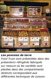 Les pommes de terre Food Trust sont présentées dans des présentoirs réfrigérés fabriqués sur mesure où les variétés sont placées dans des compartiments distincts correspondant aux différentes techniques de cuisson.